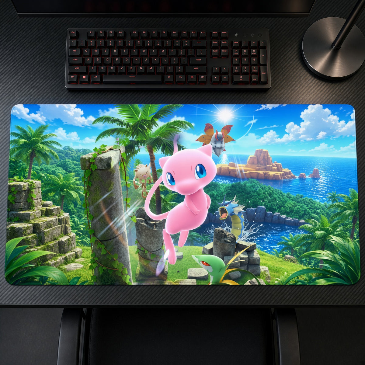 Mew Tropical Ruins Pokémon Playmat on a gaming desk, top-down view