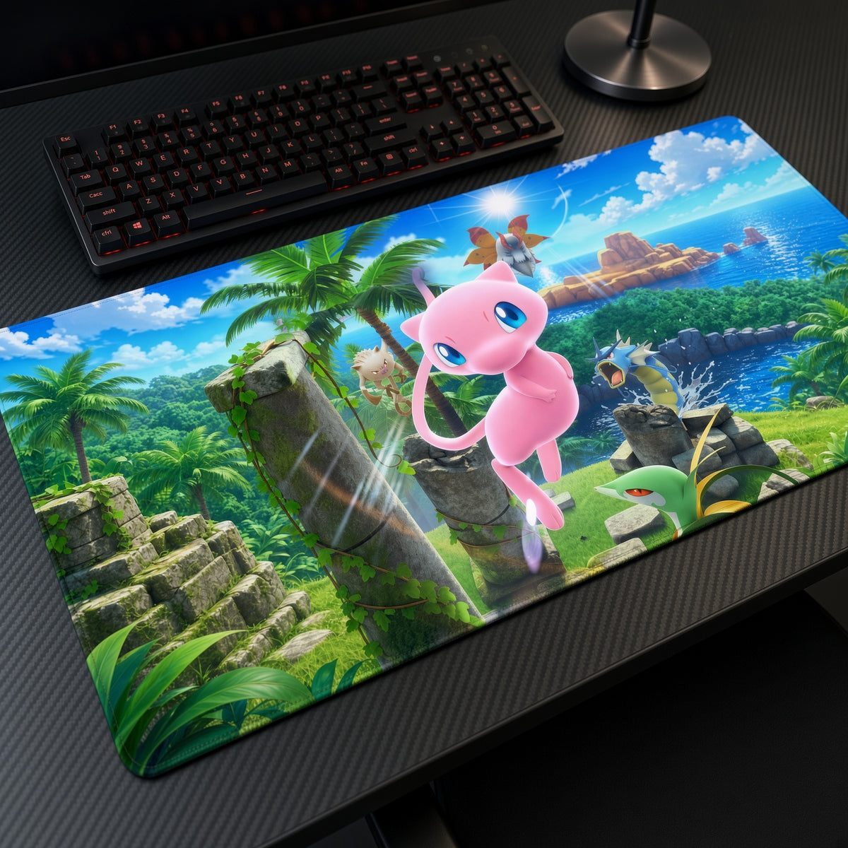 Mew Tropical Ruins Pokémon Playmat at an angle with keyboard and mouse