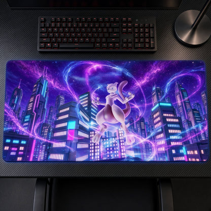 Mewtwo Neon City Pokémon Playmat on a gaming desk, top-down view