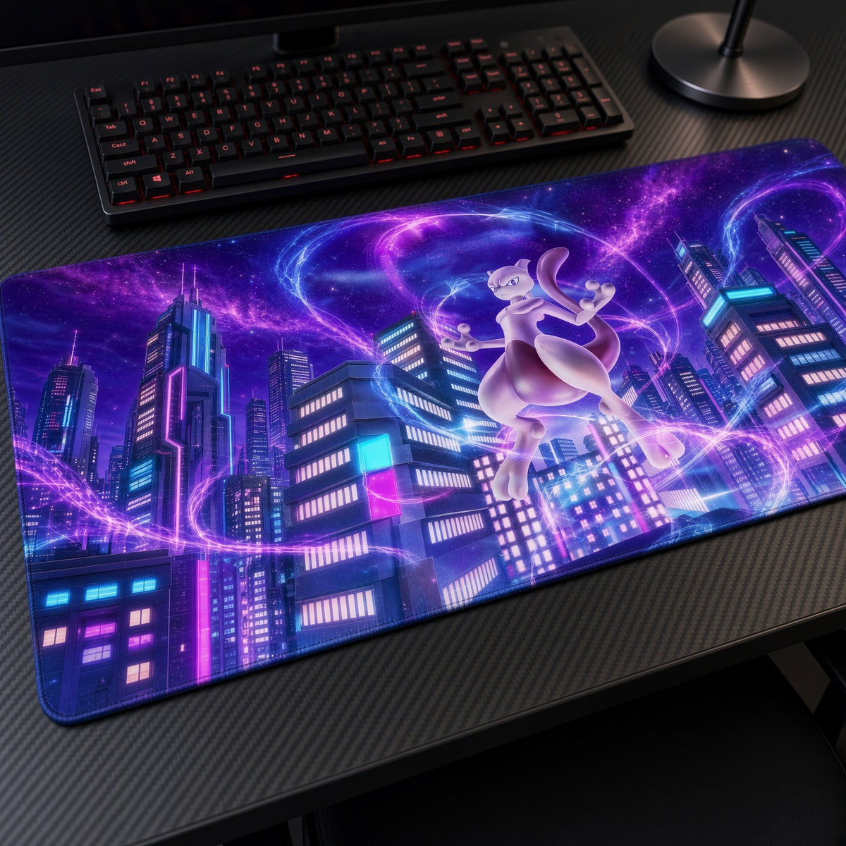 Mewtwo Neon City Pokémon Playmat at an angle with keyboard and mouse