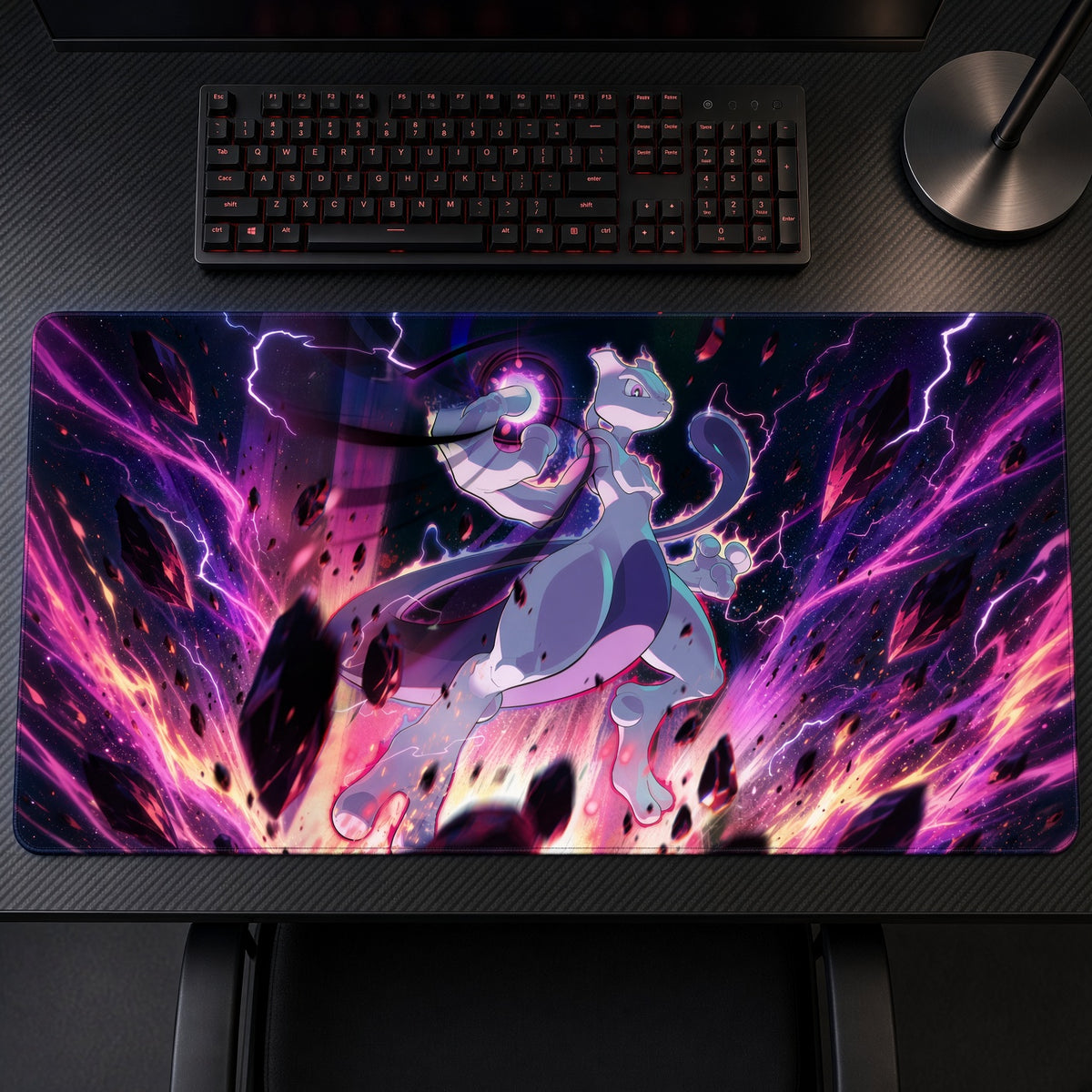 Mewtwo Psychic Storm Pokémon Playmat on a gaming desk, top-down view