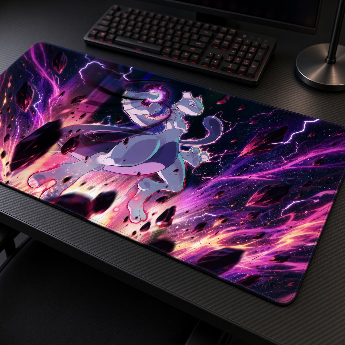 Mewtwo Psychic Storm Pokémon Playmat at an angle with keyboard and mouse