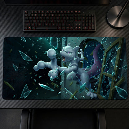 Mewtwo Shattered Glass Pokémon Playmat on a gaming desk, top-down view