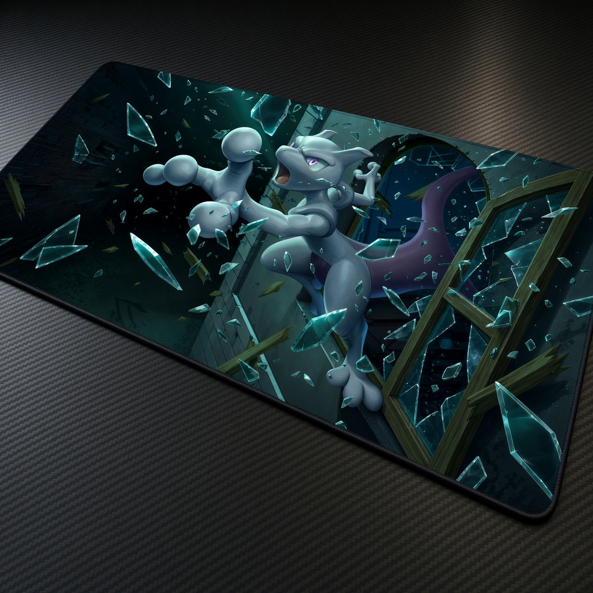Mewtwo Shattered Glass Pokémon Playmat at an angle on a gaming desk