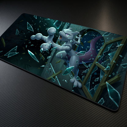 Mewtwo Shattered Glass Pokémon Playmat at an angle on a gaming desk