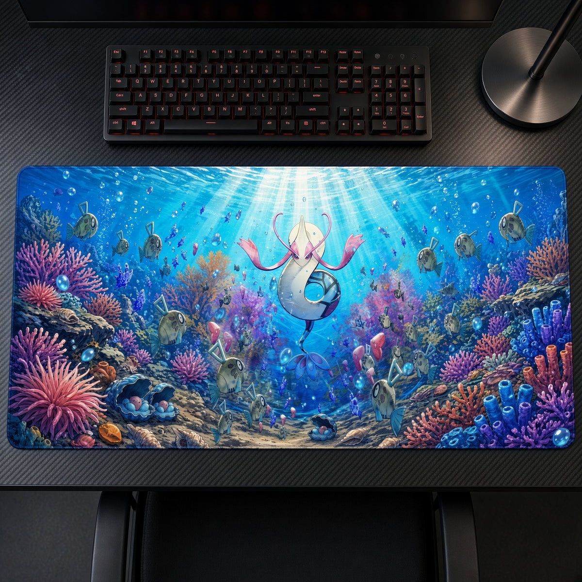Milotic Coral Reef Pokémon Playmat on a gaming desk, top-down view