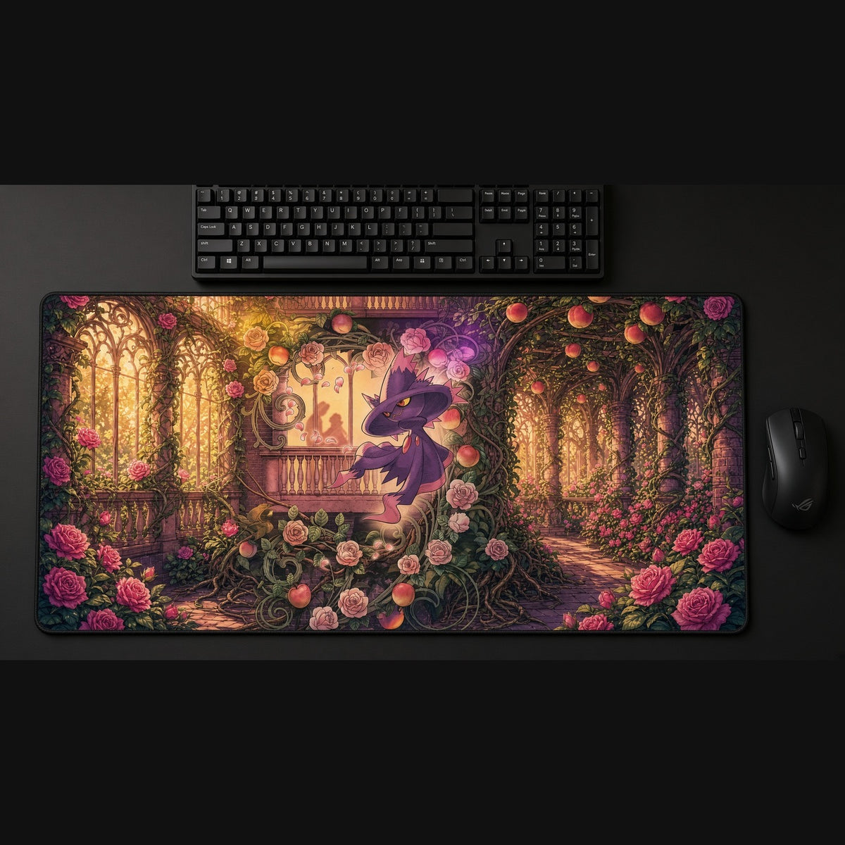 Mismagius Rose Conservatory Pokémon Playmat on a gaming desk, top-down view