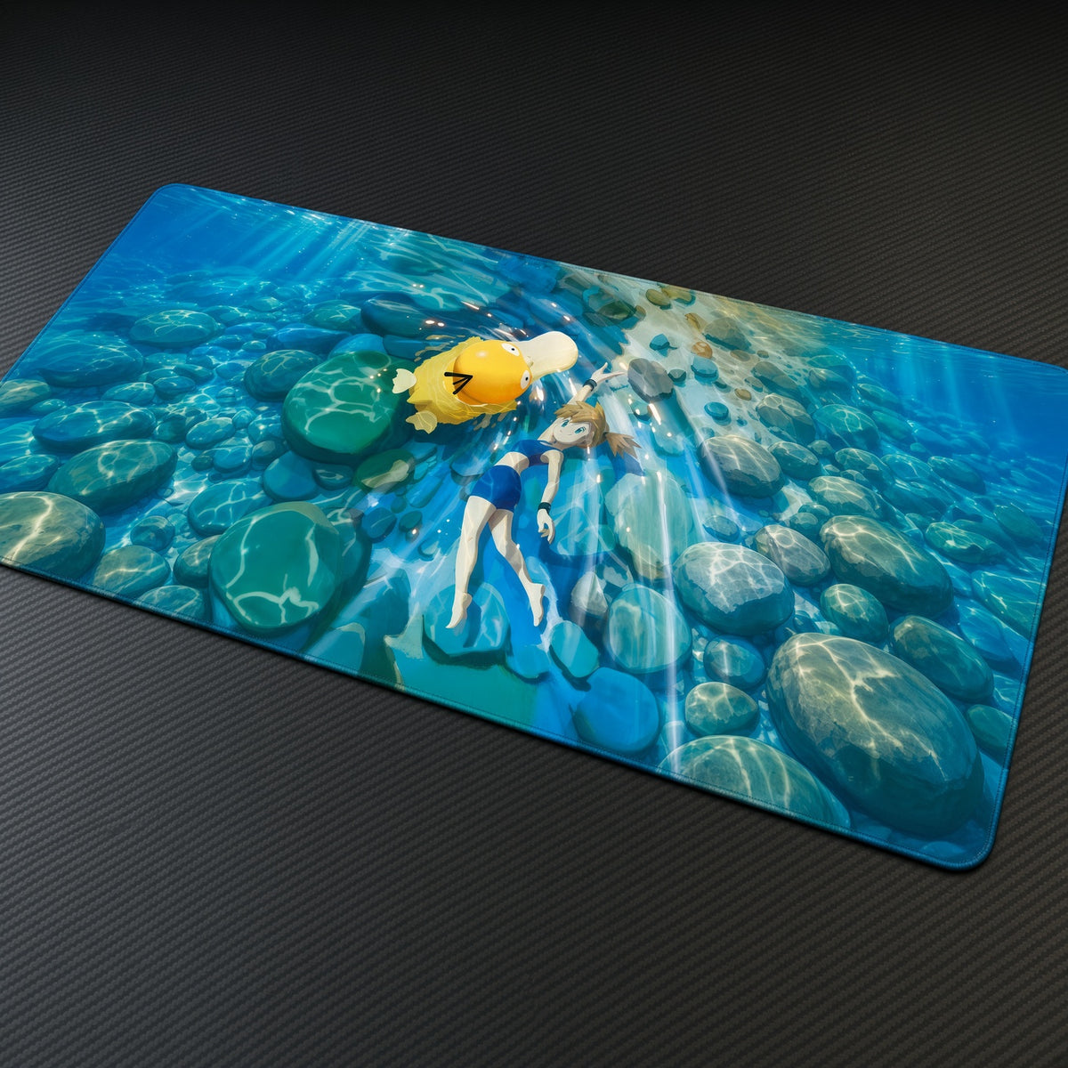 Misty and Psyduck Underwater Pokémon Playmat at an angle on a gaming desk