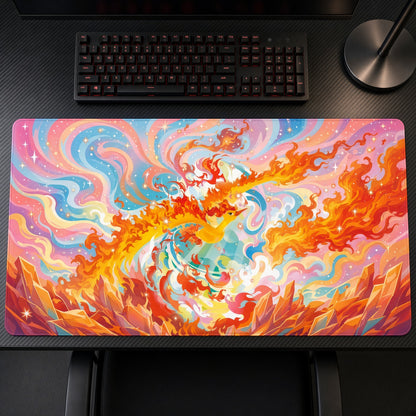 Moltres Fire Swirl Pokémon Playmat on a gaming desk, top-down view