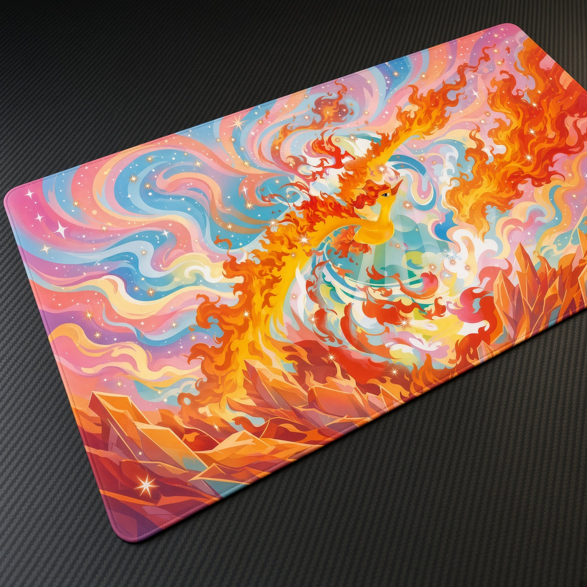 Moltres Fire Swirl Pokémon Playmat at an angle on a gaming desk