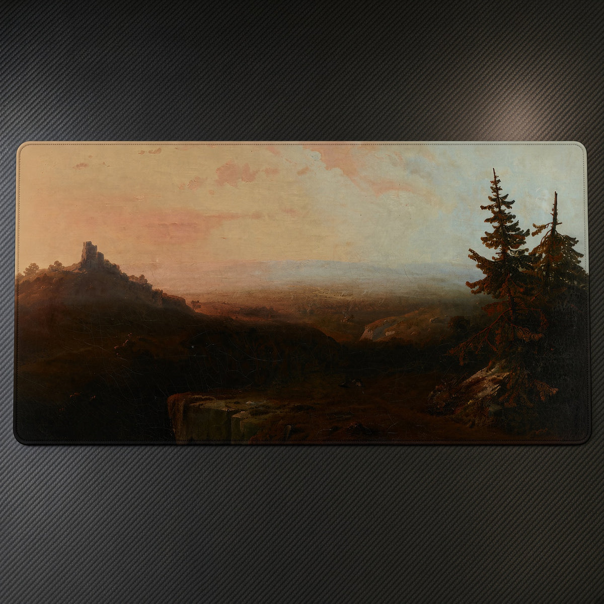 Mountain Scene Thomas Moran Playmat on a gaming desk, top-down view