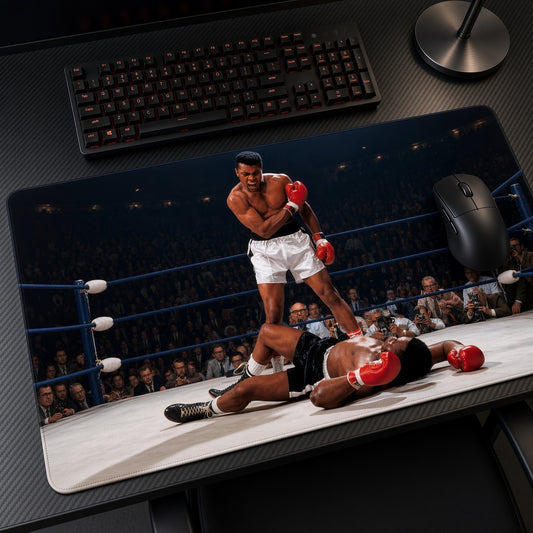 Muhammad Ali vs Liston Boxing Playmat at an angle on a gaming desk