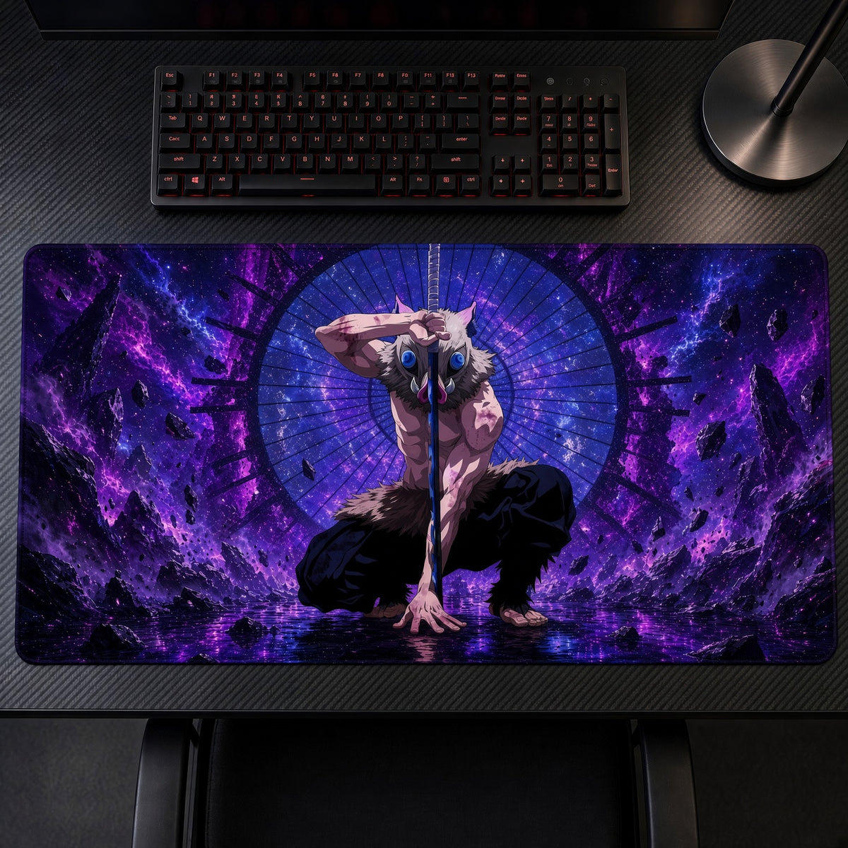 Muscular Warrior Purple Portal Playmat on a gaming desk, top-down view