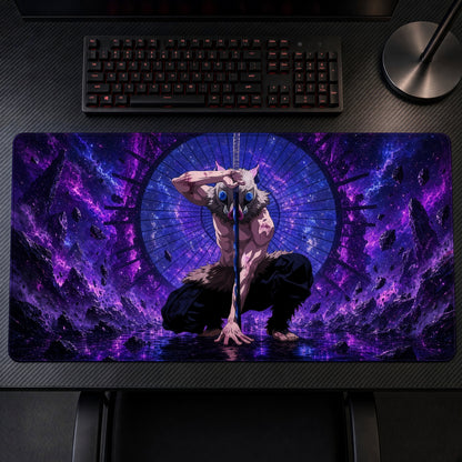 Muscular Warrior Purple Portal Playmat on a gaming desk, top-down view