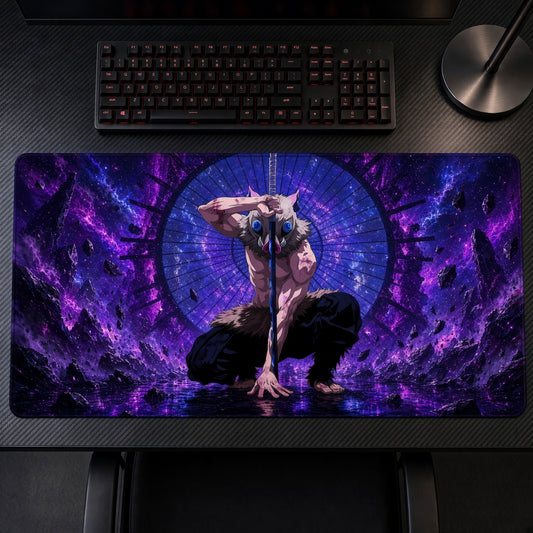 Muscular Warrior Purple Portal Playmat on a gaming desk, top-down view