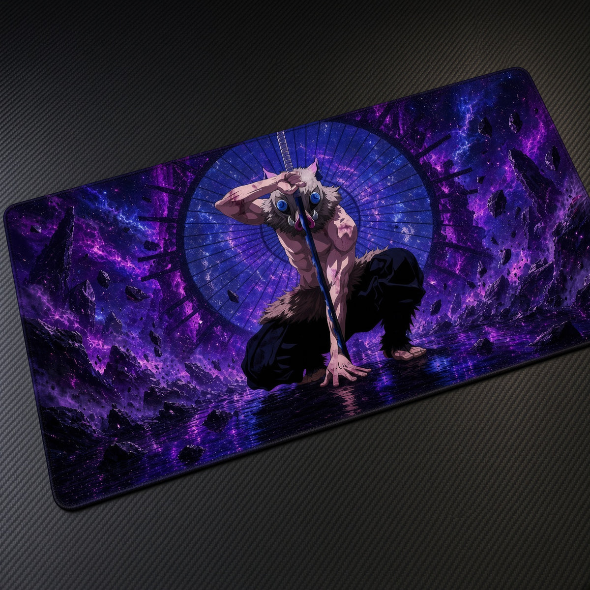 Muscular Warrior Purple Portal Playmat at an angle on a gaming desk