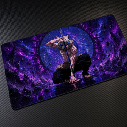 Muscular Warrior Purple Portal Playmat at an angle on a gaming desk