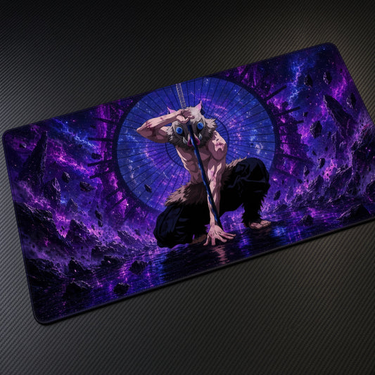 Muscular Warrior Purple Portal Playmat at an angle on a gaming desk