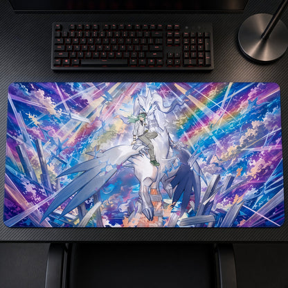 N and Reshiram Prism Light Pokémon Playmat on a gaming desk, top-down view