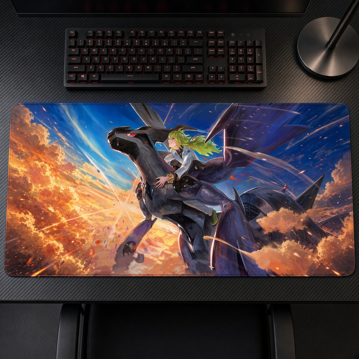 N and Zekrom Through the Clouds Pokémon Playmat on a gaming desk, top-down view