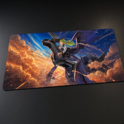 N and Zekrom Through the Clouds Pokémon Playmat at an angle on a gaming desk