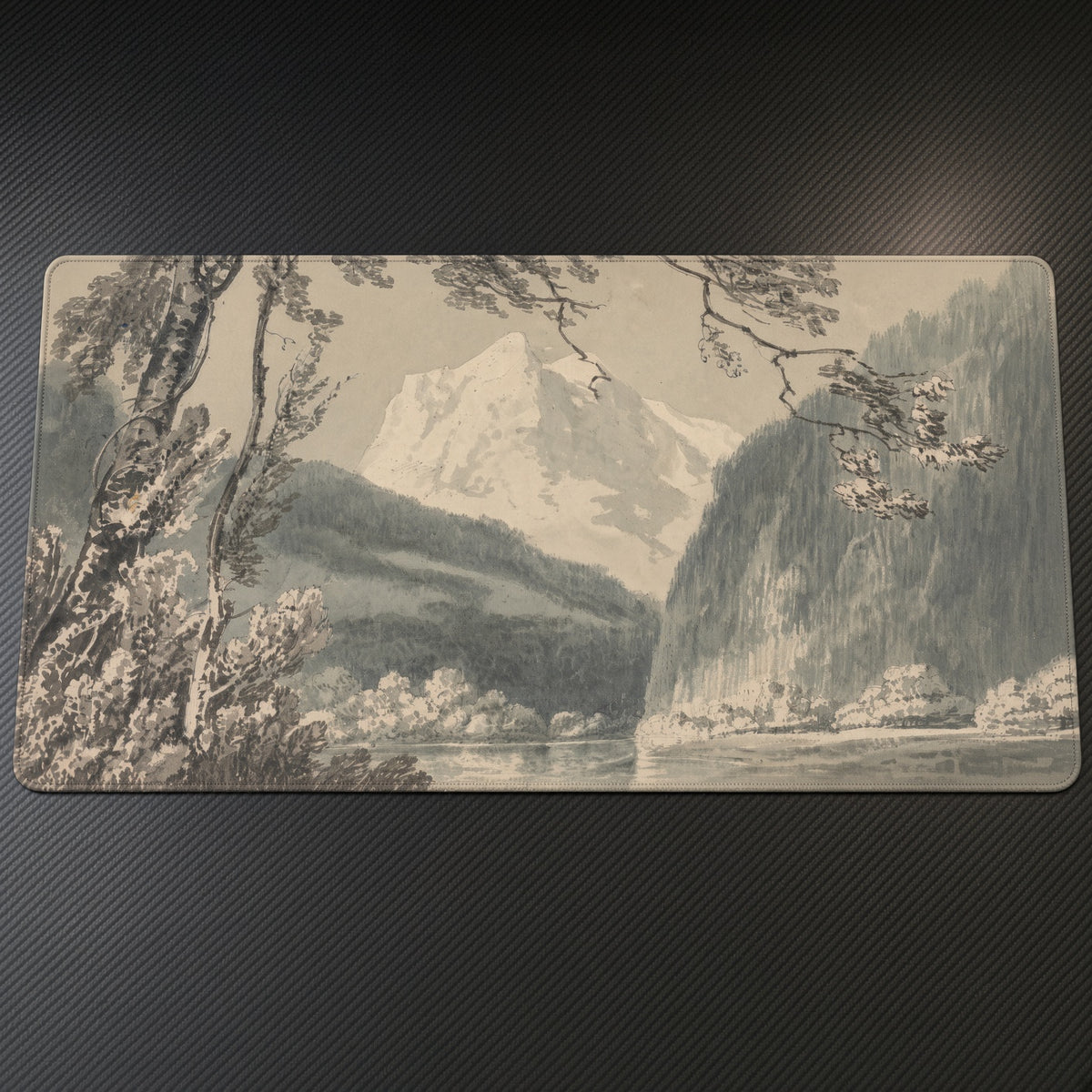Near Grindelwald J. M. W. Turner Playmat on a gaming desk, top-down view