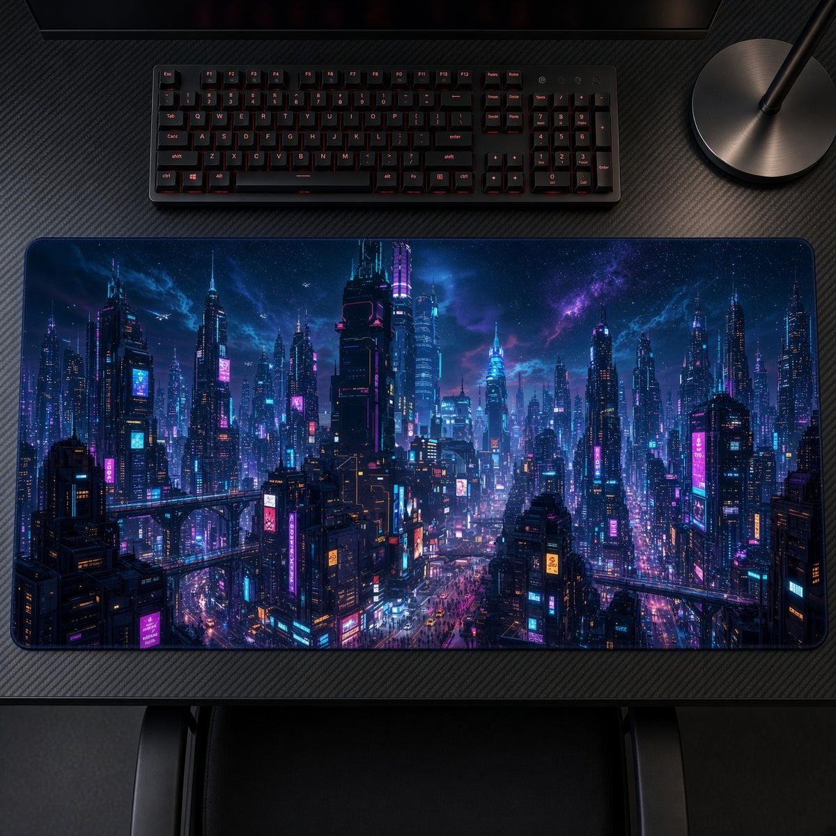 Neon Cyberpunk City Skyline Playmat on a gaming desk, top-down view