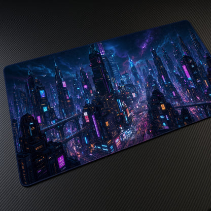 Neon Cyberpunk City Skyline Playmat at an angle on a gaming desk