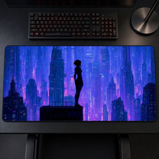 Neon Cyberpunk Rooftop Silhouette Playmat on a gaming desk, top-down view