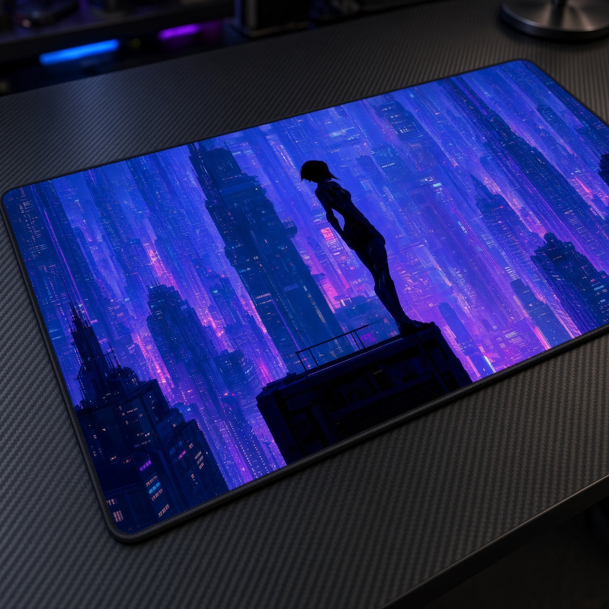 Neon Cyberpunk Rooftop Silhouette Playmat at an angle on a gaming desk