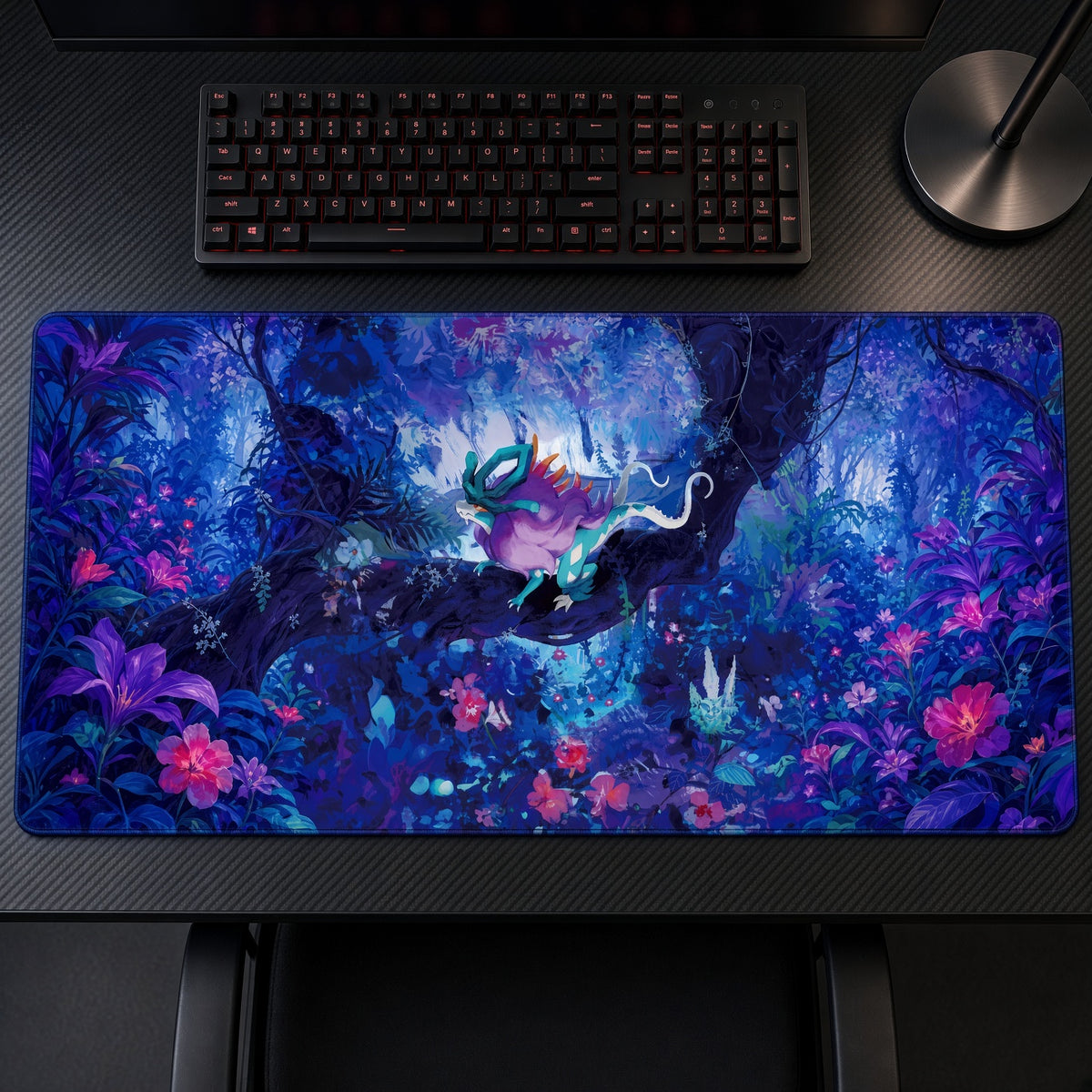 Neon Ghost Forest Playmat on a gaming desk, top-down view