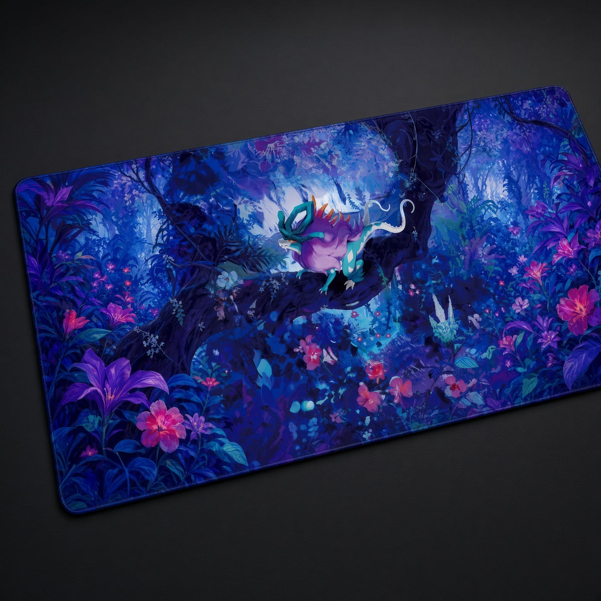 Neon Ghost Forest Playmat at an angle on a gaming desk