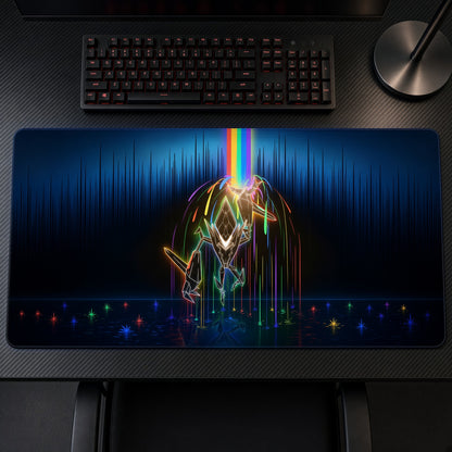 Neon Rainbow Beam Mecha Playmat on a gaming desk, top-down view