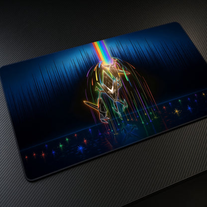 Neon Rainbow Beam Mecha Playmat at an angle on a gaming desk
