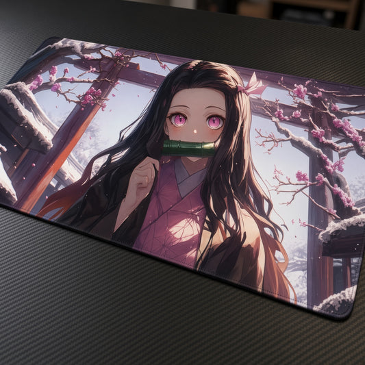 Nezuko Demon Slayer playmat at an angle on a gaming desk
