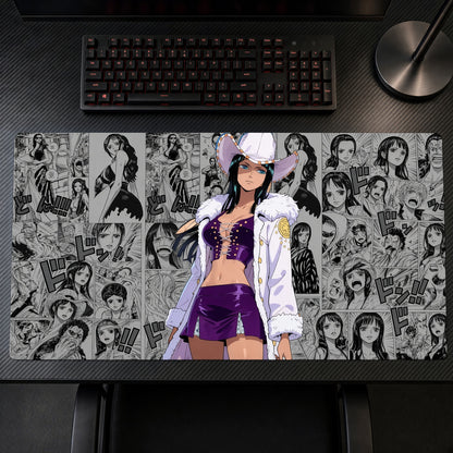 Nico Robin Manga Panels One Piece Playmat on a gaming desk, top-down view