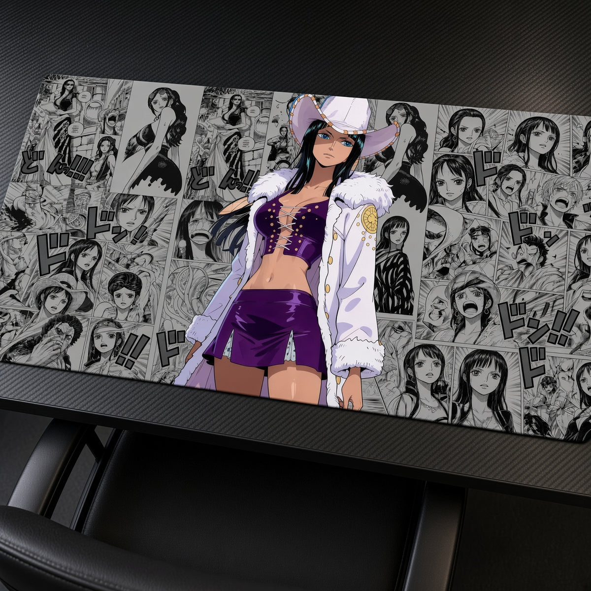 Nico Robin Manga Panels One Piece Playmat at an angle on a gaming desk