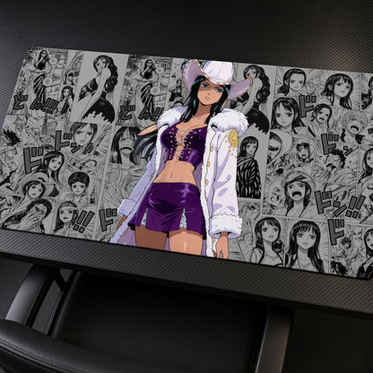 Nico Robin Manga Panels One Piece Playmat at an angle on a gaming desk