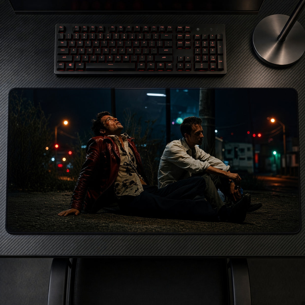 Night Street Two Men Cinematic Playmat on a gaming desk, top-down view