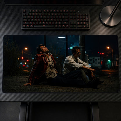 Night Street Two Men Cinematic Playmat on a gaming desk, top-down view