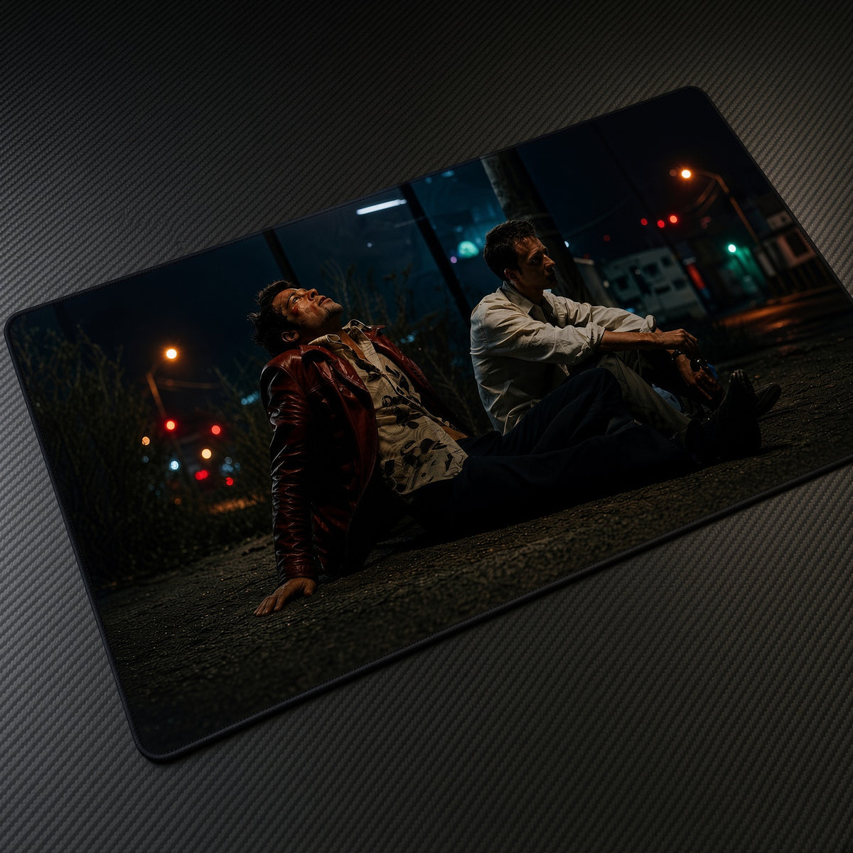 Night Street Two Men Cinematic Playmat at an angle on a gaming desk
