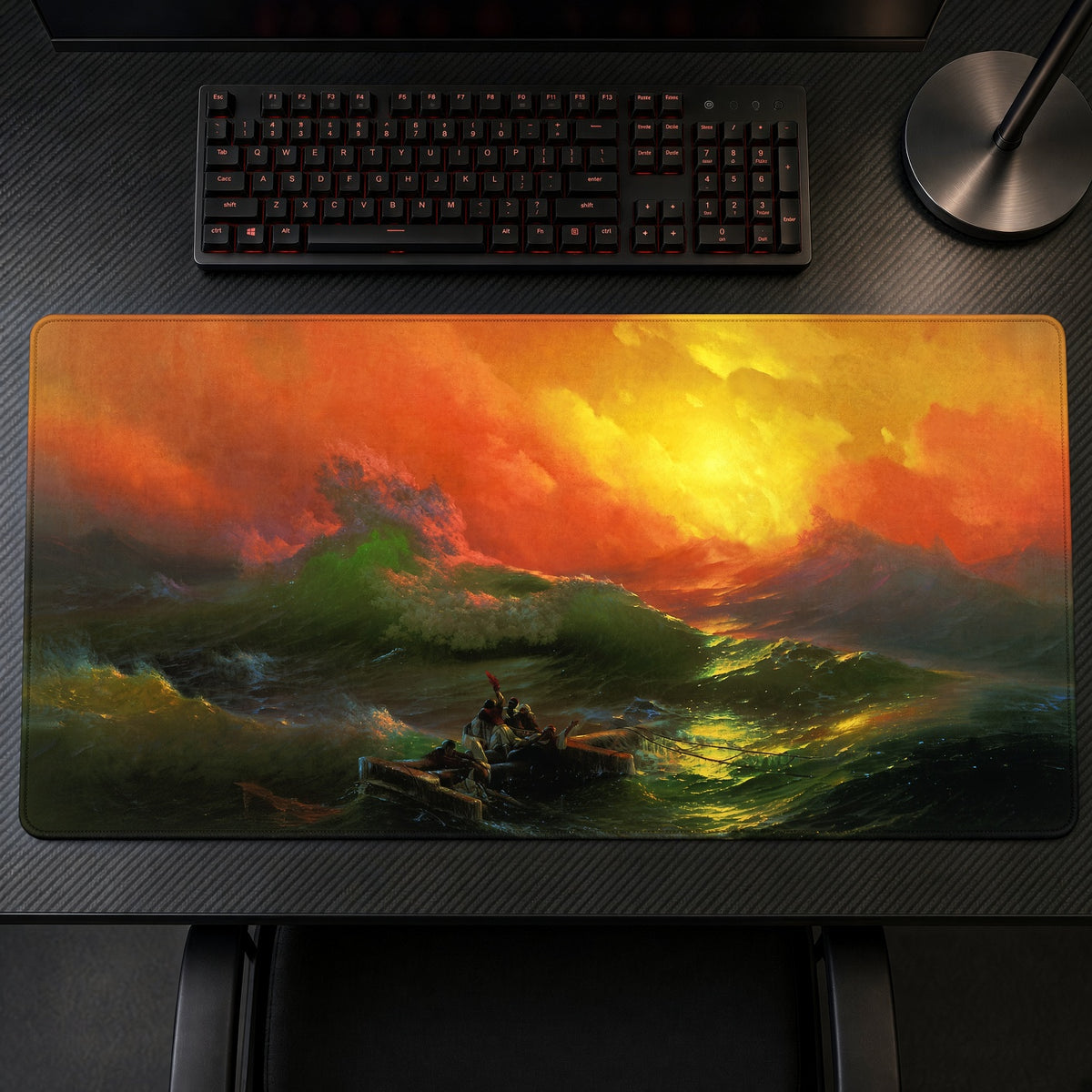 The Ninth Wave Ivan Aivazovsky Playmat on a gaming desk, top-down view