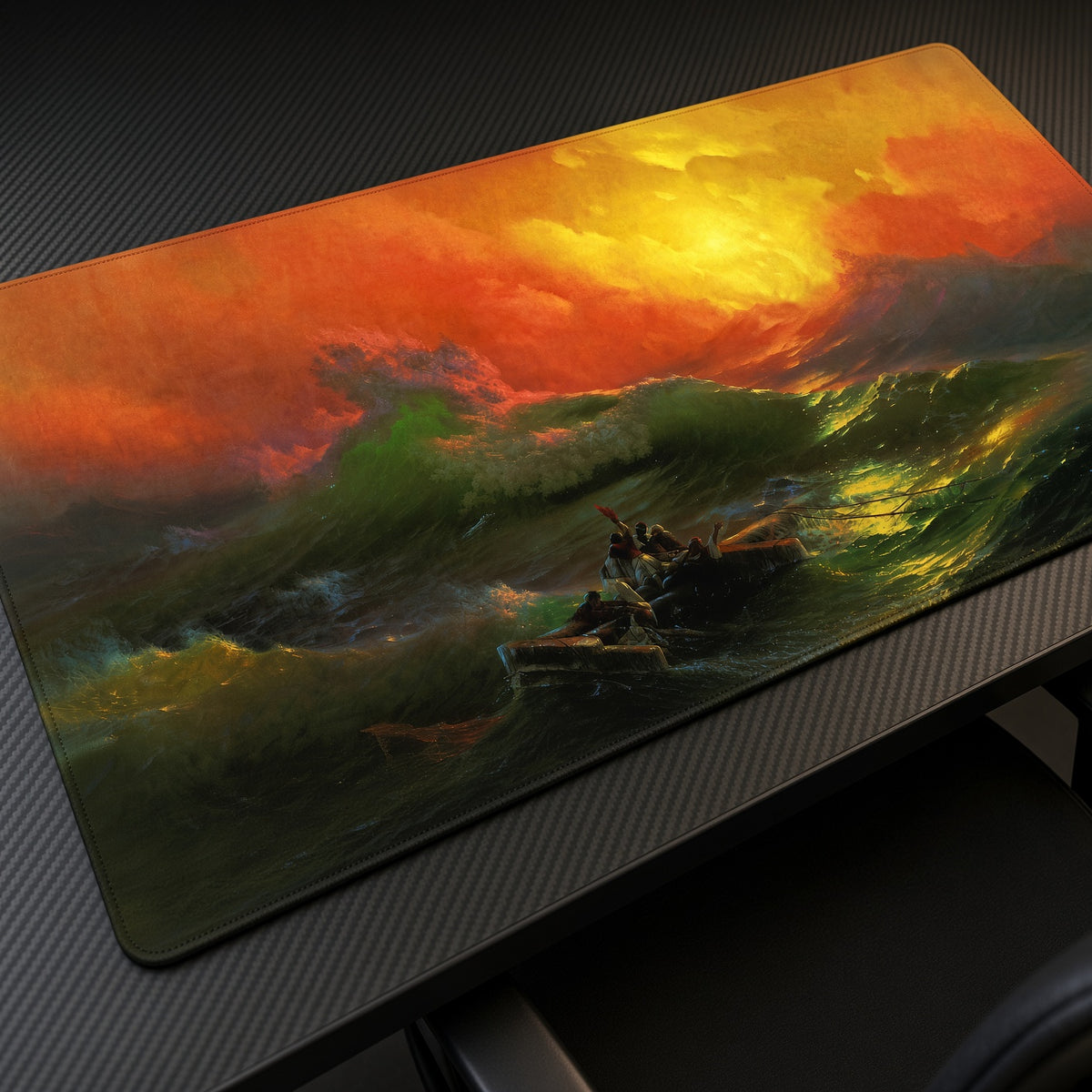 The Ninth Wave Ivan Aivazovsky Playmat at an angle on a gaming desk