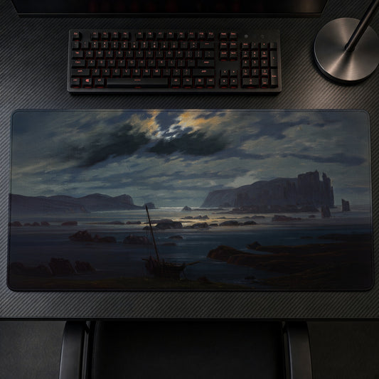 Northern Sea in the Moonlight Caspar David Friedrich Playmat on a gaming desk, top-down view