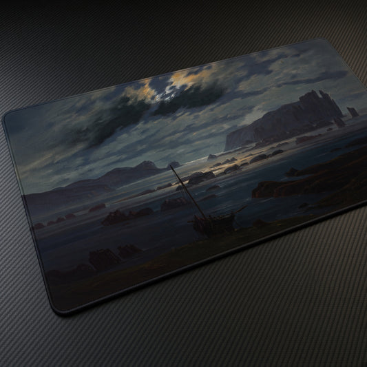 Northern Sea in the Moonlight Caspar David Friedrich Playmat at an angle on a gaming desk
