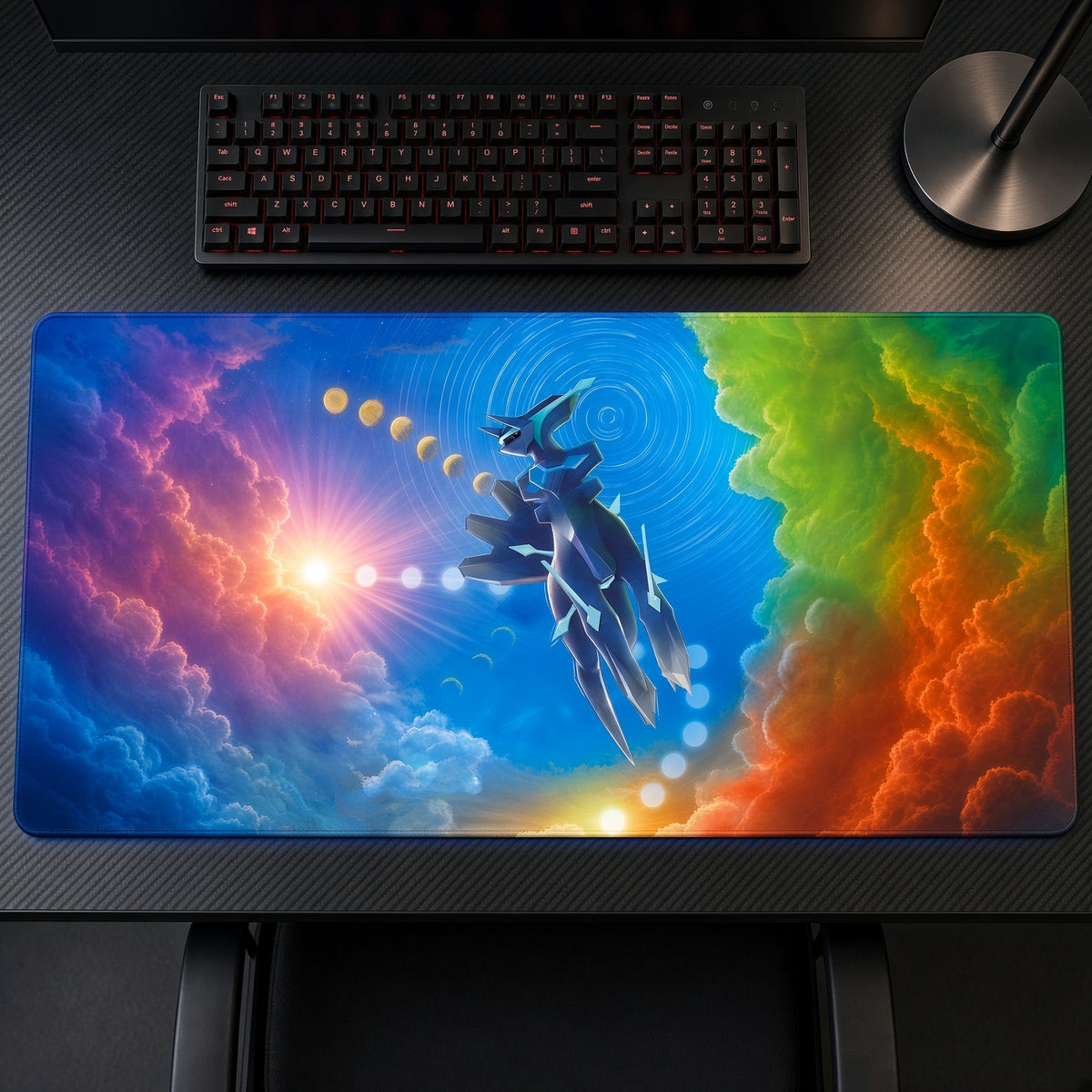 Origin Forme Dialga Cosmic Sky Pokémon Playmat on a gaming desk, top-down view