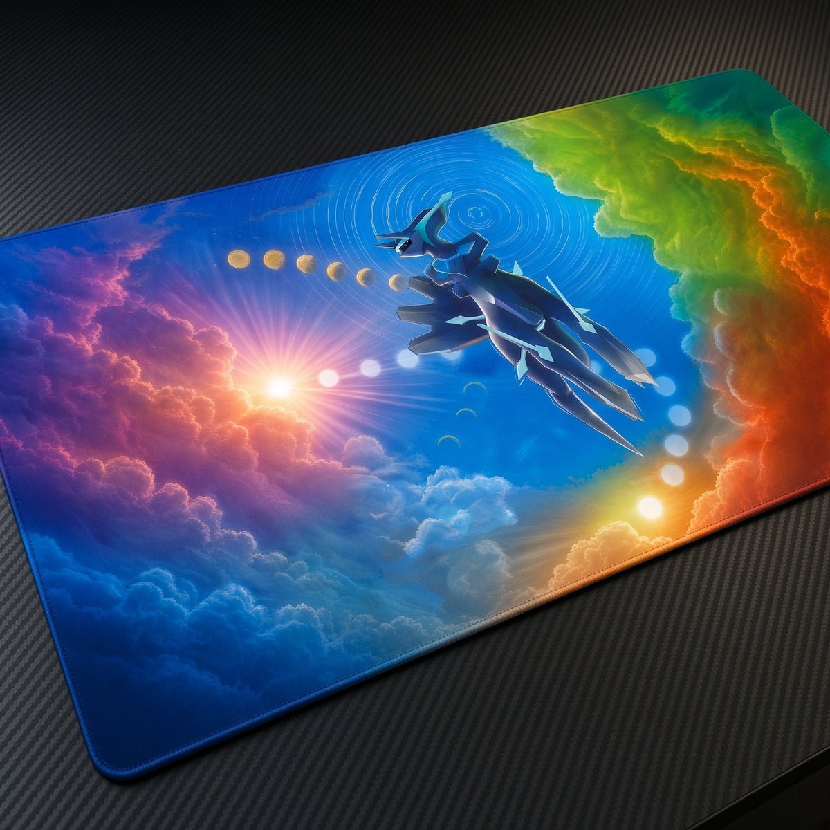 Origin Forme Dialga Cosmic Sky Pokémon Playmat at an angle on a gaming desk