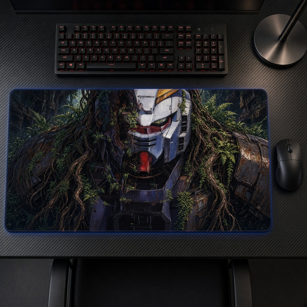 Overgrown RX-78-2 Gundam Head Playmat on a gaming desk, top-down view