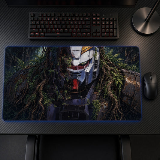 Overgrown RX-78-2 Gundam Head Playmat on a gaming desk, top-down view