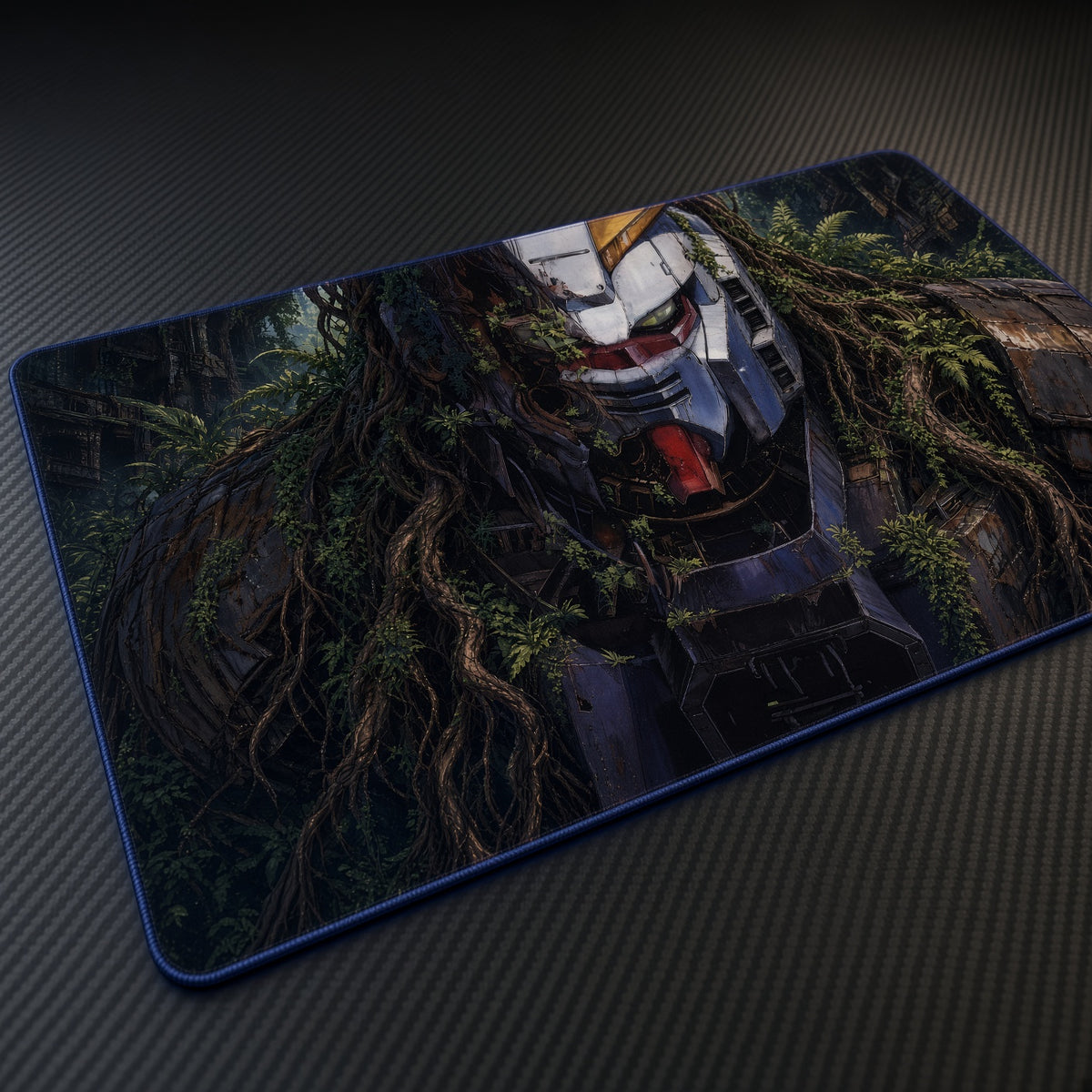 Overgrown RX-78-2 Gundam Head Playmat at an angle on a gaming desk